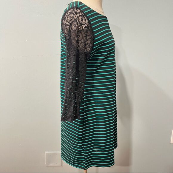 Loveappella x A Pea in the Pod Green & Black Stripe Dress Sheer Lace Sleeves Med - Picture 2 of 6